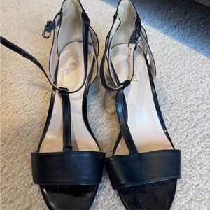 Womens Black Nine West Heels Open Toe Strap Sz 7.5 M 2.5 inch